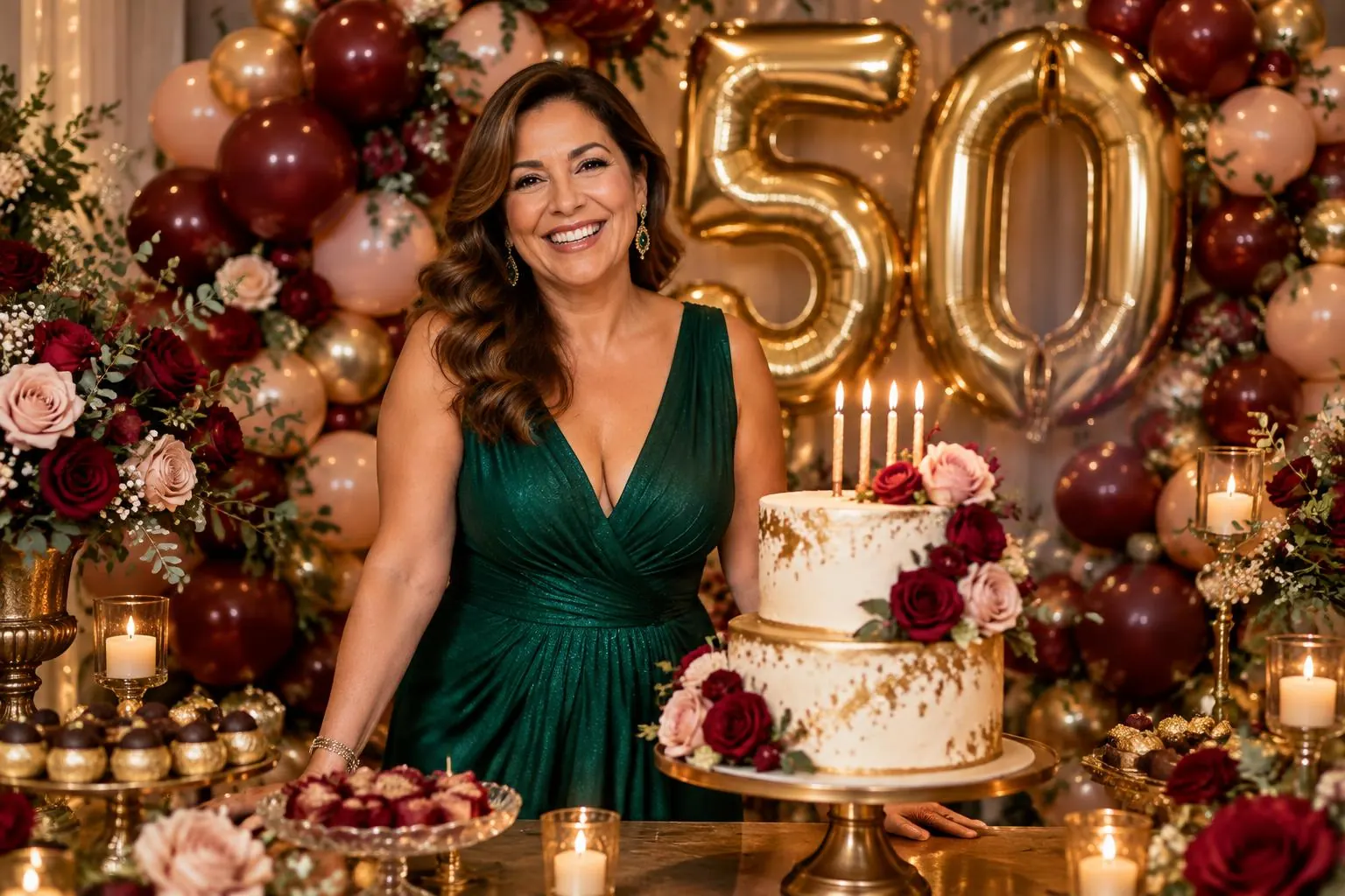 Aniversariante de 50 anos com bolo, velas, flores e balões dourados